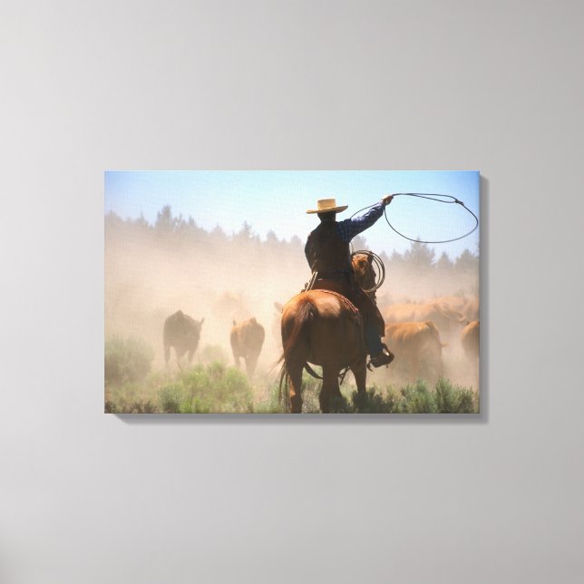 Ein Cowboy, der die Herde an einem Rind arbeitet Leinwanddruck (Vorderseite)