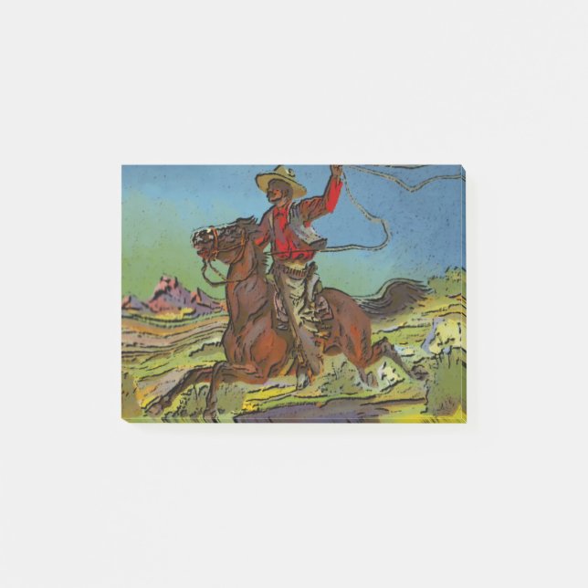 Ein Cowboy schwingt eine Lasso aus dem Pferd Post-it Klebezettel (Vorderseite)