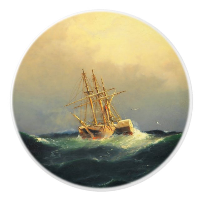 Ein Dampfschiff im Sturm im Atlantischen Ozean Keramikknauf (Vorderseite)