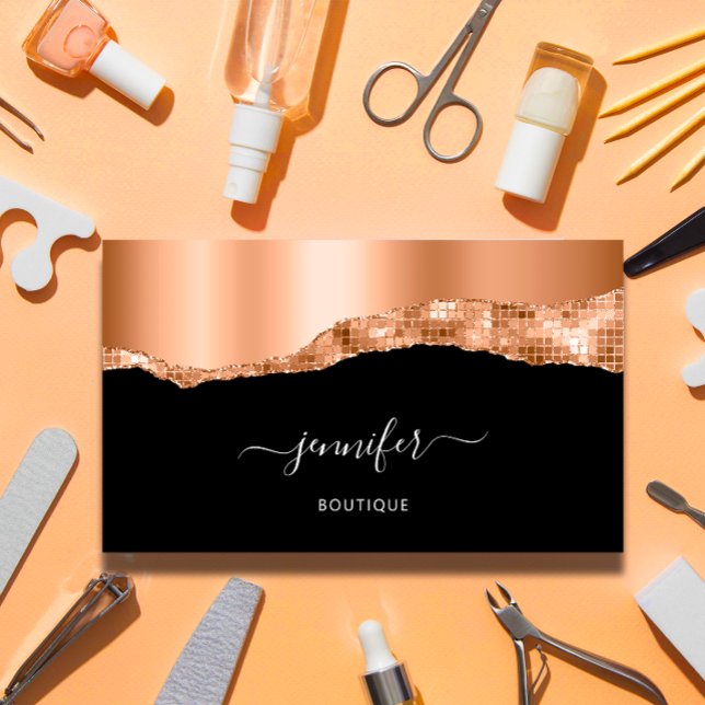 Ein dauerhafter Eindruck mit QR-Code-Logo Visitenkarte (QR Code Logo Abstract Copper Stroke Glitter Black Business Card)