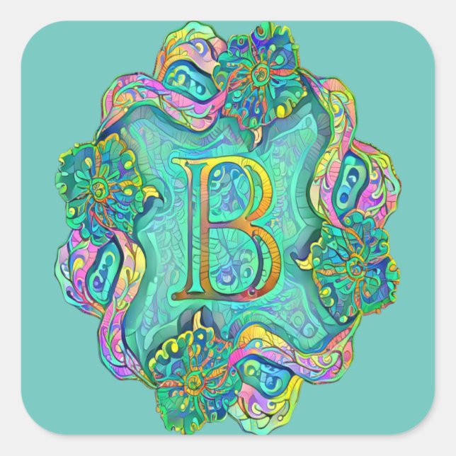 Ein dekorativer Anfangsbuchstabe "B" mit Blume Quadratischer Aufkleber (Vorderseite)