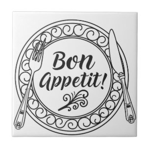 Ein dekoratives Bon Appetit-Schild mit Gabel und M Fliese