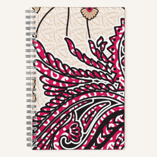 Ein dekoratives Paisley-Design mit lebhaftem Rot u Notizbuch