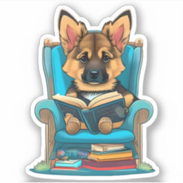 Ein deutscher Schäferwelpen, der ein Buch liest Aufkleber