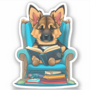 Ein deutscher Schäferwelpen, der ein Buch liest Aufkleber