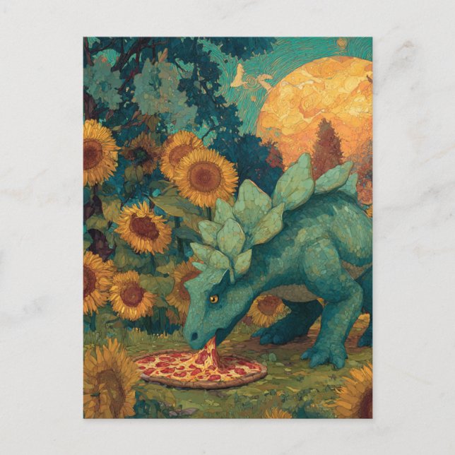 Ein Dino, der eine Pizza isst Postkarte (Vorderseite)