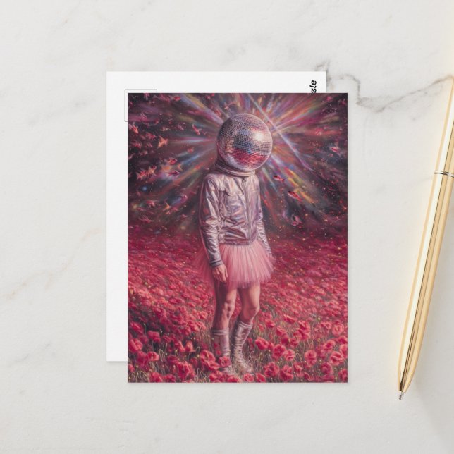 Ein Disco-Astronaut auf einer Mohnwiese in einem r Postkarte (Vorderseite/Rückseite Beispiel)