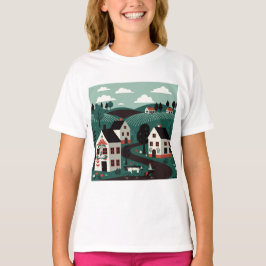 Ein Dorf in einem Illustrationsstil gezeichnet T-Shirt