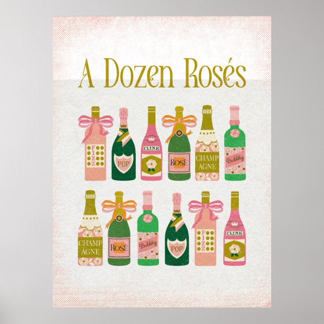 Ein Dutzend Rosés Pink Champagne Flaschen Wein Bar Poster (Vorne)