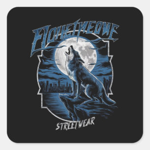 Ein einsamer Wolf, der den Vollmond auf einem fels Quadratischer Aufkleber