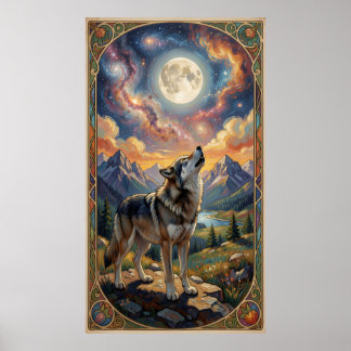 Ein einsamer Wolf heult den Mond an Poster
