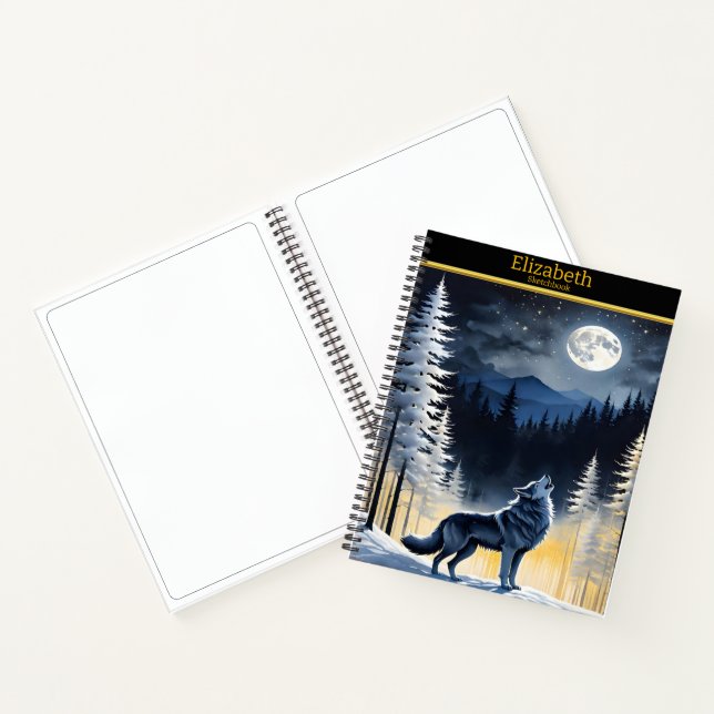 Ein einsamer Wolf heult im Winter auf Vollmond Notizbuch (Innenseite)