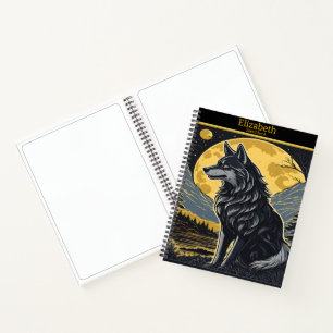 Ein einsamer Wolf heult unter dem hellen Vollmondl Notizbuch