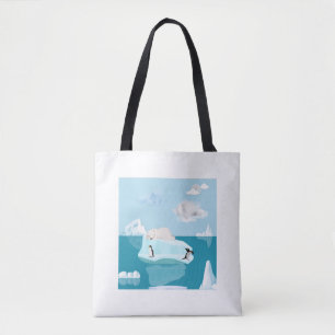 Ein Eisbär schläft und Pinguine auf einer Tragetas Tasche