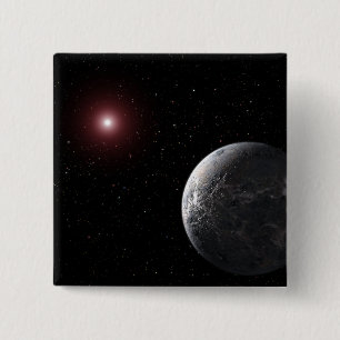 Ein eiskalter, felsiger Planet, der einen dunklen Button