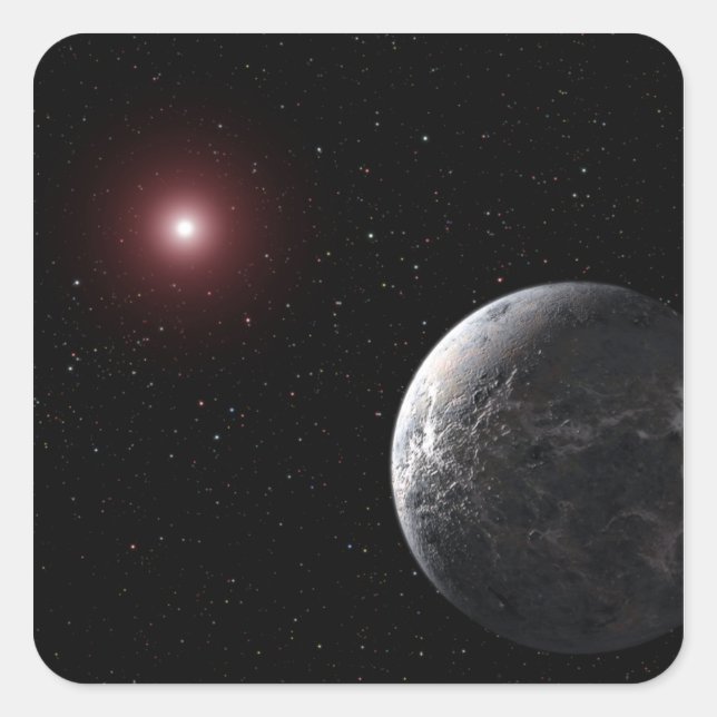 Ein eiskalter, felsiger Planet, der einen dunklen  Quadratischer Aufkleber (Vorderseite)