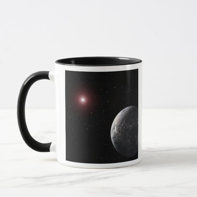 Ein eiskalter, felsiger Planet, der einen dunklen  Tasse (Links)