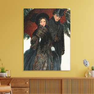 Ein elegant gekleidetes Paar, Regenschirm, Schnee  Leinwanddruck