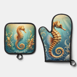 Ein elegantes Seepferd, das unter Wasser schwimmt Ofenhandschuh & Topflappen-Set
