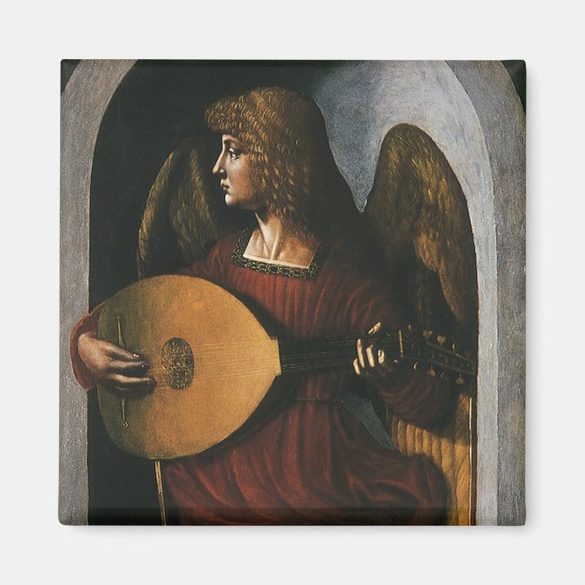 Ein Engel in Rot mit Lute von Leonardo da Vinci Magnet (Vorne)