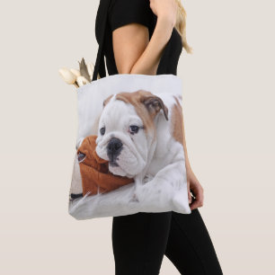Ein englischer Bulldoggen-Welpe, der mit einer Tasche