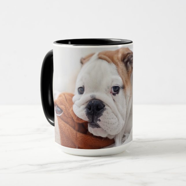 Ein englischer Bulldoggen-Welpe, der mit einer Tasse (Vorderseite Links)