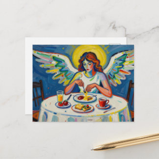 Ein farbenfroher Engel am Frühstückstisch Postkarte