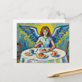 Ein farbenfroher Engel beim Frühstück Postkarte
