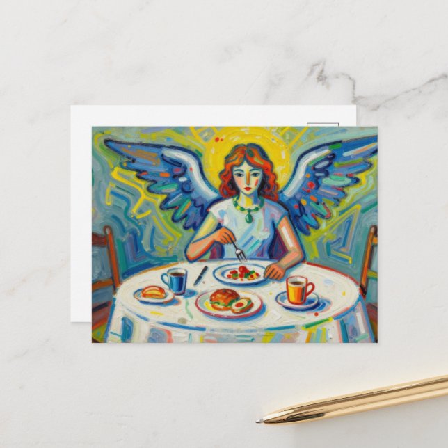 Ein farbenfroher Engel beim Frühstück Postkarte (Vorderseite/Rückseite Beispiel)
