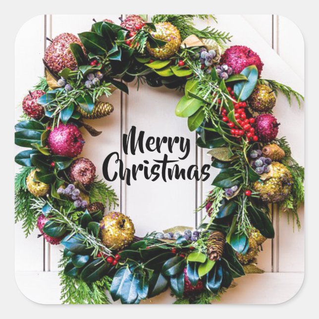 Ein farbenfroher Weihnachtskranz-Aufkleber Quadratischer Aufkleber (Vorderseite)