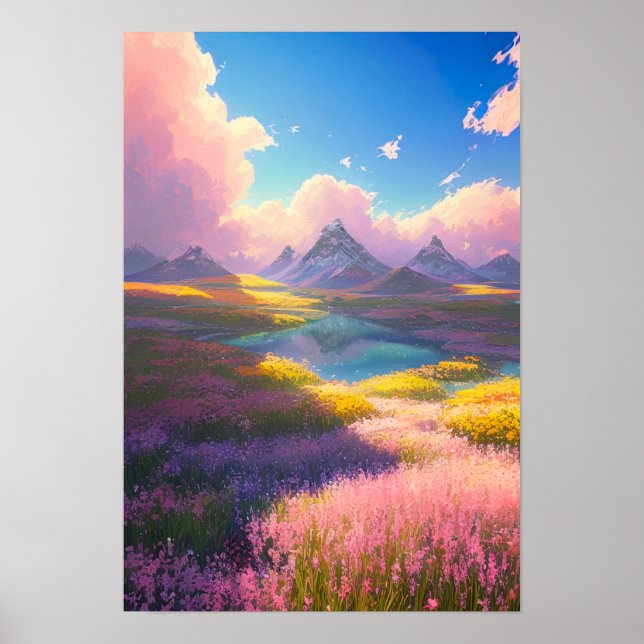 Ein Feld der Blüten, des Sees und der majestätisch Poster (Vorne)