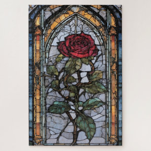 Ein festes Glasfenster mit dunkler Rote Rose