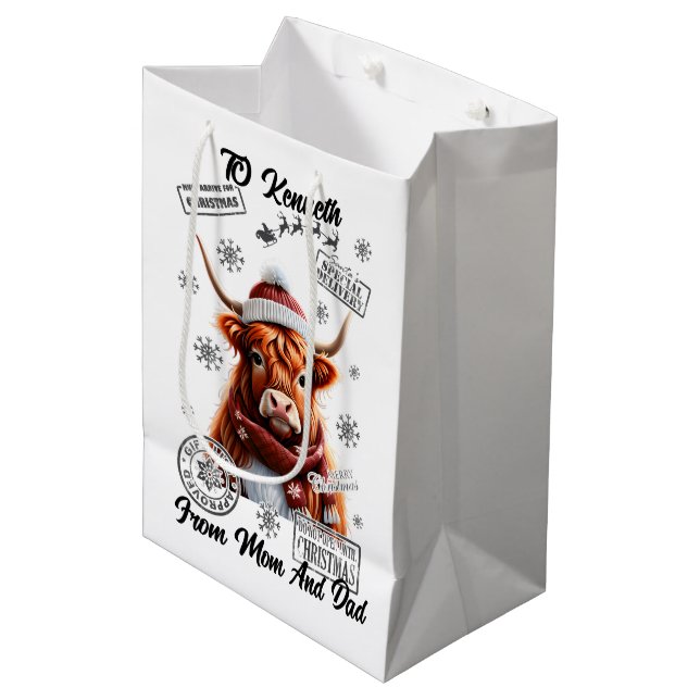 Ein festlicher Santa-Sack mit einer Ferienkuh Mittlere Geschenktüte (Vorderseite Schrägansicht)