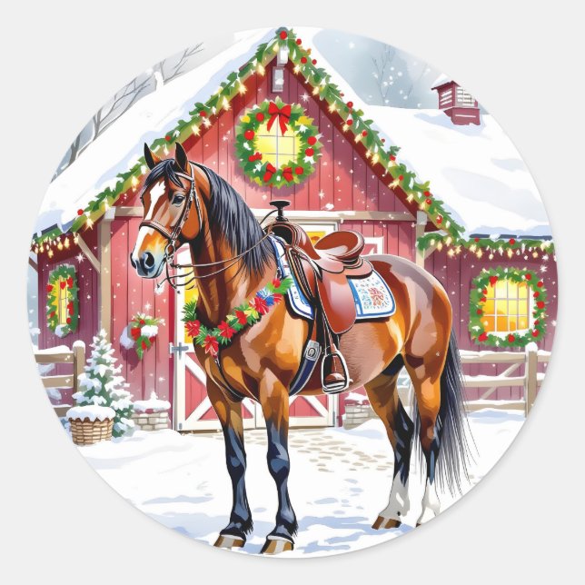 Ein festliches braunes Pferd und ein Wintergarten  Runder Aufkleber (Vorderseite)