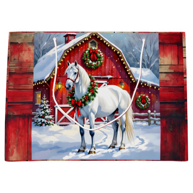 Ein festliches Weiß-Pferd und ein Winterschlaf Wei Große Geschenktüte (Vorderseite)