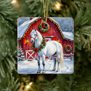 Ein festliches Weiß-Pferd und ein Winterschlaf Wei Keramikornament