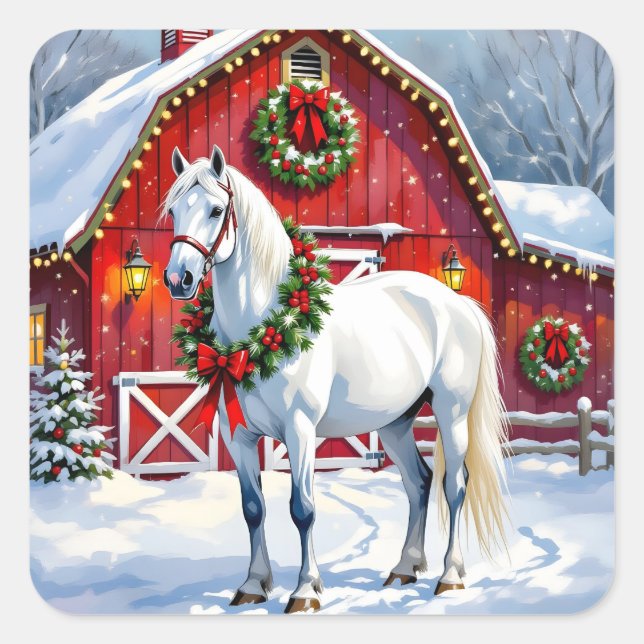 Ein festliches Weiß-Pferd und ein Winterschlaf Wei Quadratischer Aufkleber (Vorderseite)