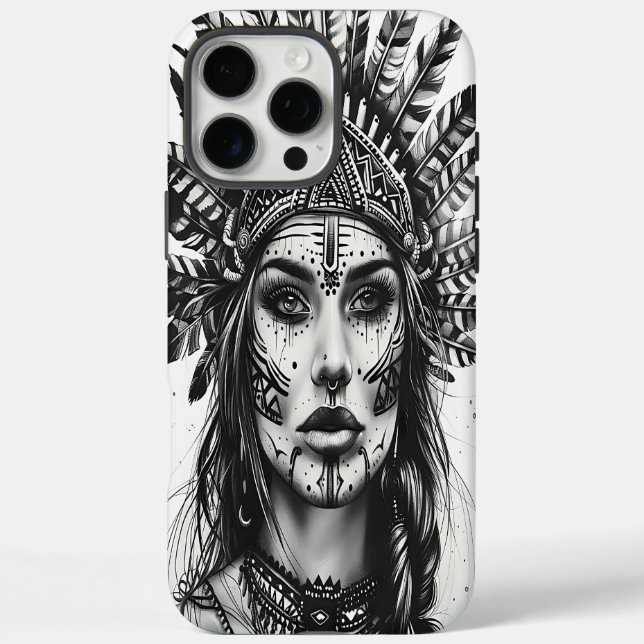 Ein feuriger indischer Krieger mit Federn iPhone 16 Pro Max Hülle (Rückseite)