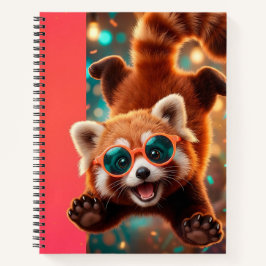 Ein flauschiger Cartoon-Roter Panda mit leuchtende Notizbuch