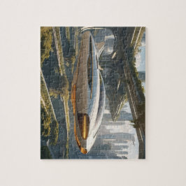 Ein fliegendes Auto in der Stadt der Zukunft.