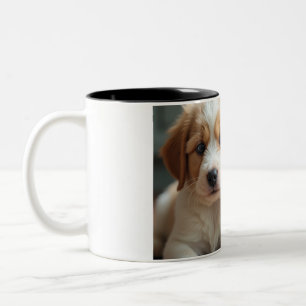 Ein Foto eines niedlichen Welpen und einer hübsche Zweifarbige Tasse