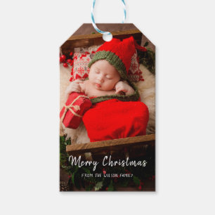 Ein Foto fröhlicher Weihnachten, moderner Weißtext Geschenkanhänger