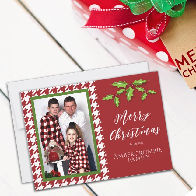 Ein Foto Rot-Weiß-Hahnentrittmuster Feiertagskarte (Red & White Houndstooth Christmas Card)