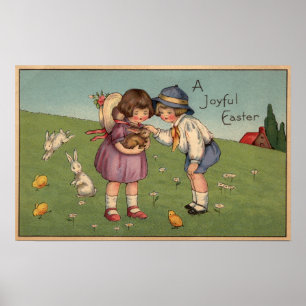 Ein frohes EasterKids, das ein Häschen hält Poster