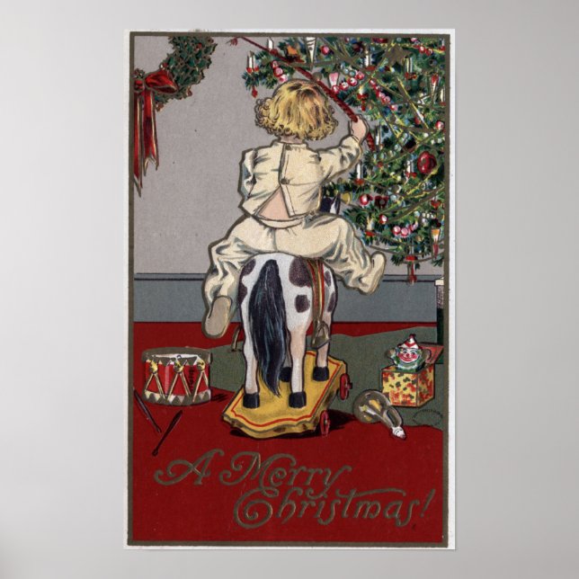 Ein frohes Weihnachtskid auf einem Rockpferd Poster (Vorne)