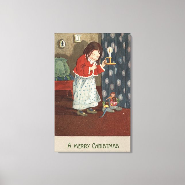 Ein frohes Weihnachtsmädchen, das einen Candlestic Leinwanddruck (Vorderseite)