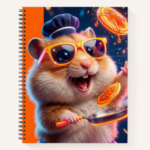 Ein fröhlicher Hamster mit einem blauen Kochhut un Notizbuch