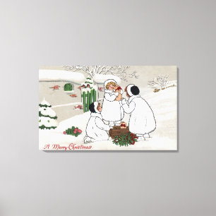 Ein fröhliches ChristmasPeople, das Ferkel hält Leinwanddruck