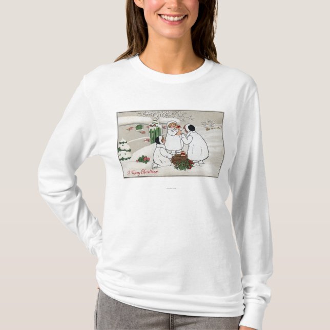 Ein fröhliches ChristmasPeople, das Ferkel hält T-Shirt (Vorderseite)