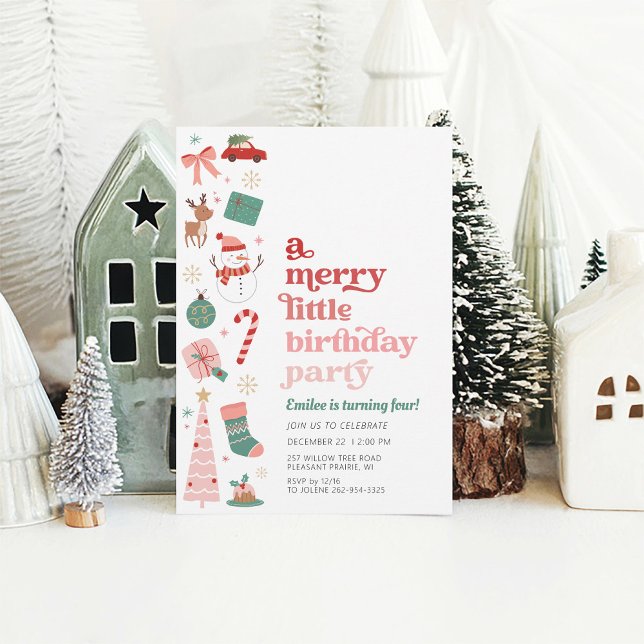 Ein fröhliches kleines Weihnachtsfest Geburtstagsp Einladung (A Merry Little Birthday Party pink and red invitation for girl December Christmas Holiday birthday)